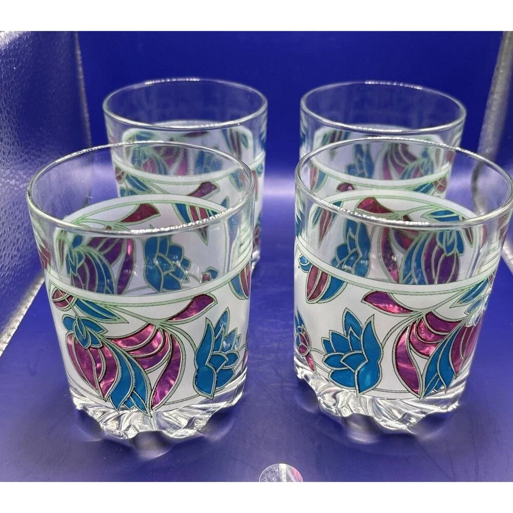 Vintage Italian Rock Glasses Set Of 4 Magenta Blue Floral Art Nouveau